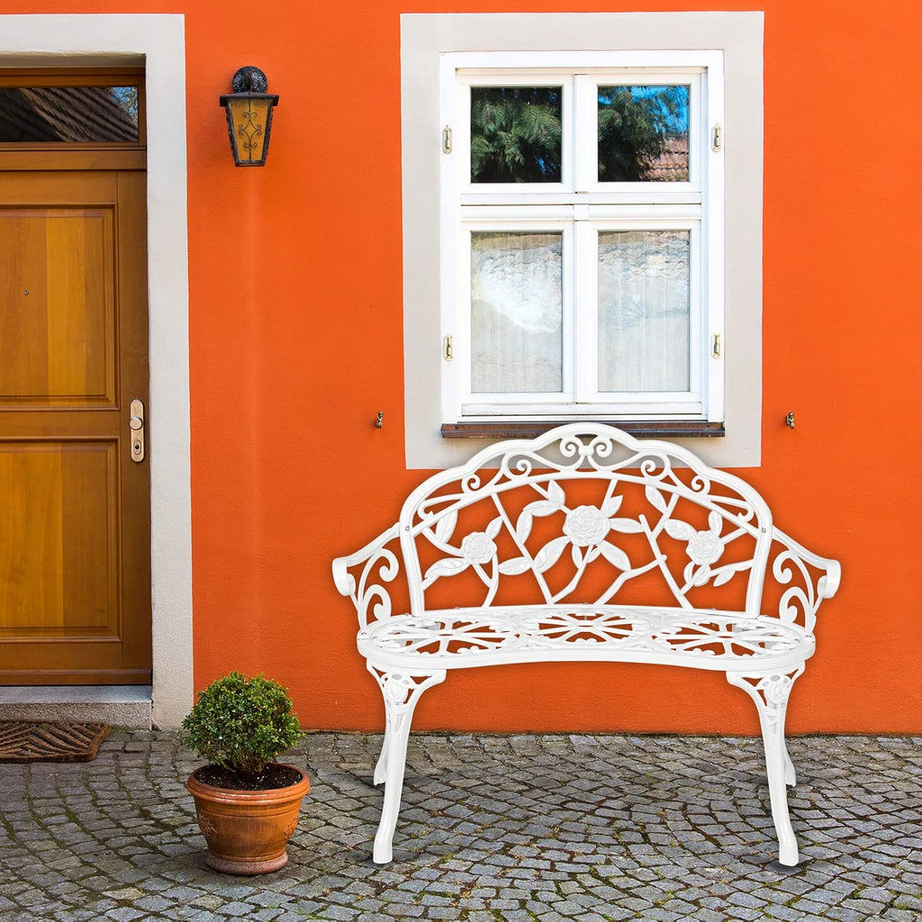 38.5" Patio Park Garden Outdoor Metal Rose Bench, 2-Person Cast Iron Cast Aluminium Frame Antique Finish