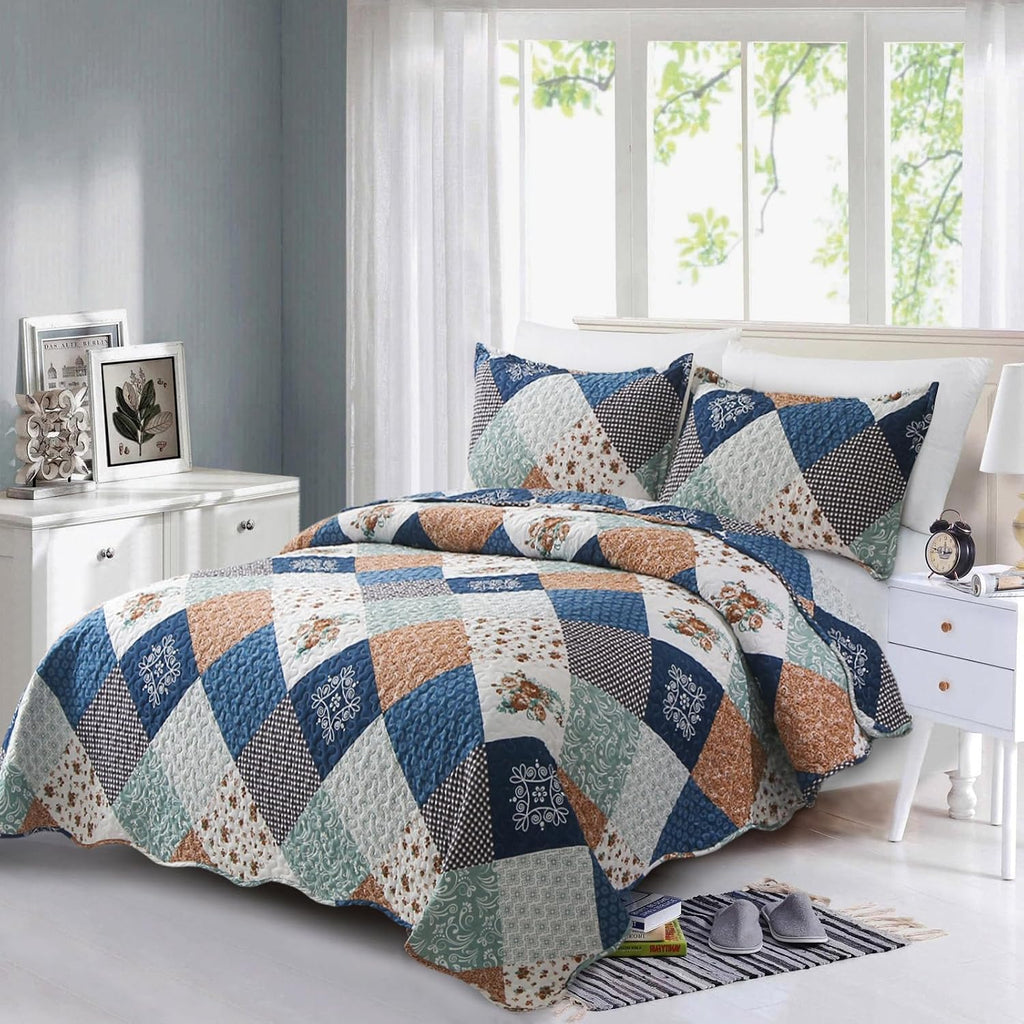 Patchwork Quilt Set King,Reversible Blue Floral Bedspreads