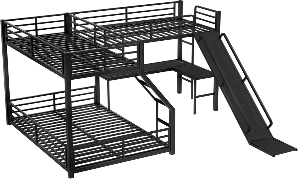 Triple Bunk Beds, L-Shape Twin XL Over Queen Bunk Bed Attached a Loft Bed with Desk