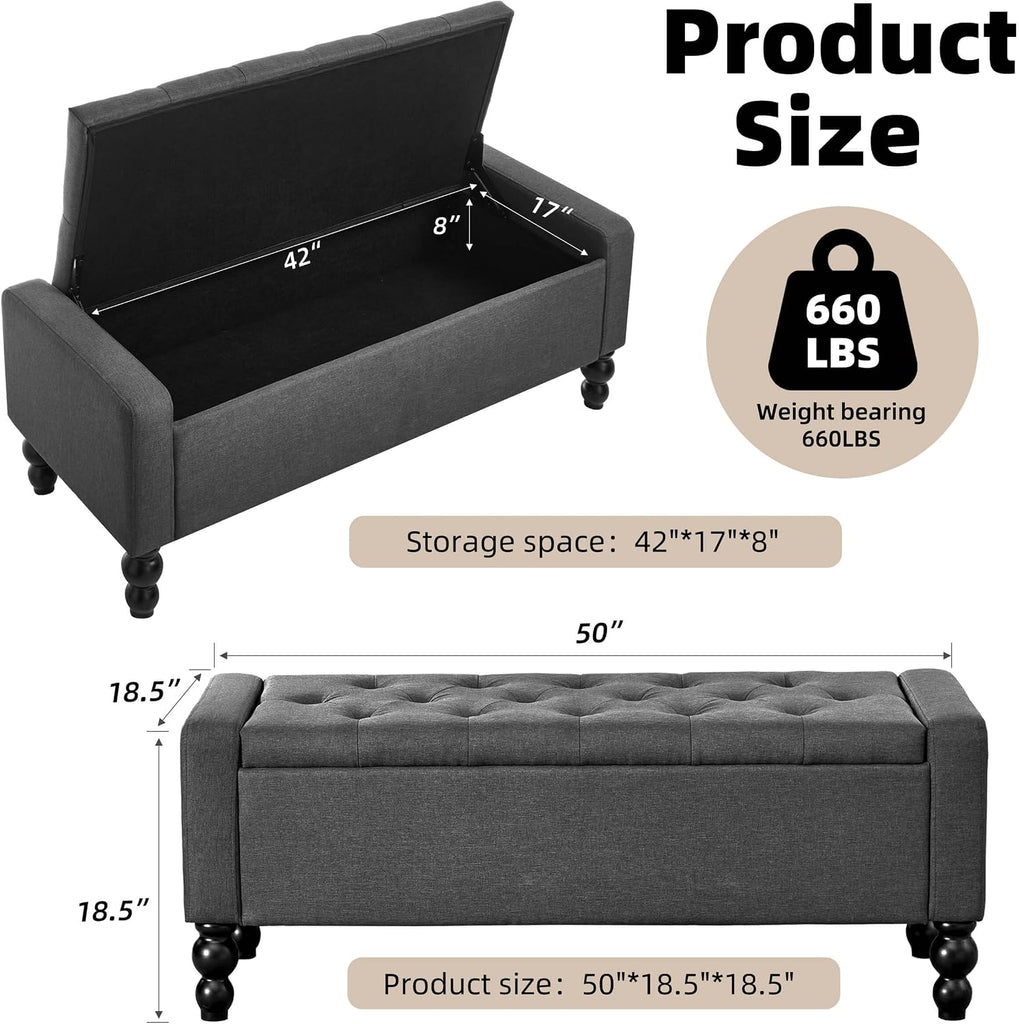 50" W Storage Ottoman Bench with Safety Hinge, Load up to 660 lb Ottoman with Storage, Upholstered Tufted Entryway