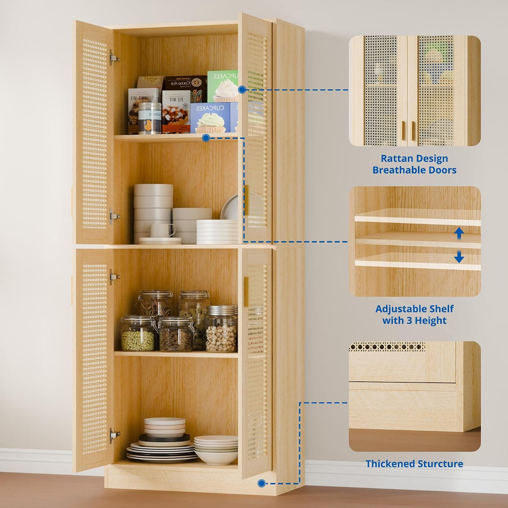 Kitchen Pantry Cabinet, 71" Tall Rattan Doors Storage Cabinet and Adjustable Shelves, Modern Farmhouse Wood Cupboard