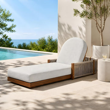 Acacia Wood Chaise Lounge Chair Outdoor with Handwoven Rope, Adjustable Backrest Sun Lounger Recliner, Patio