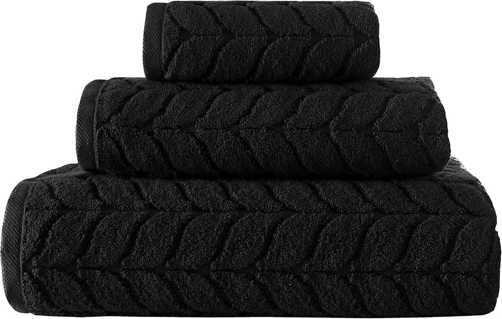 Turkish Cotton Bath Towels, Hand Towels - Soft Plush Jacquard Collection Luxury Towels Set (Black, Bath Towel Set of