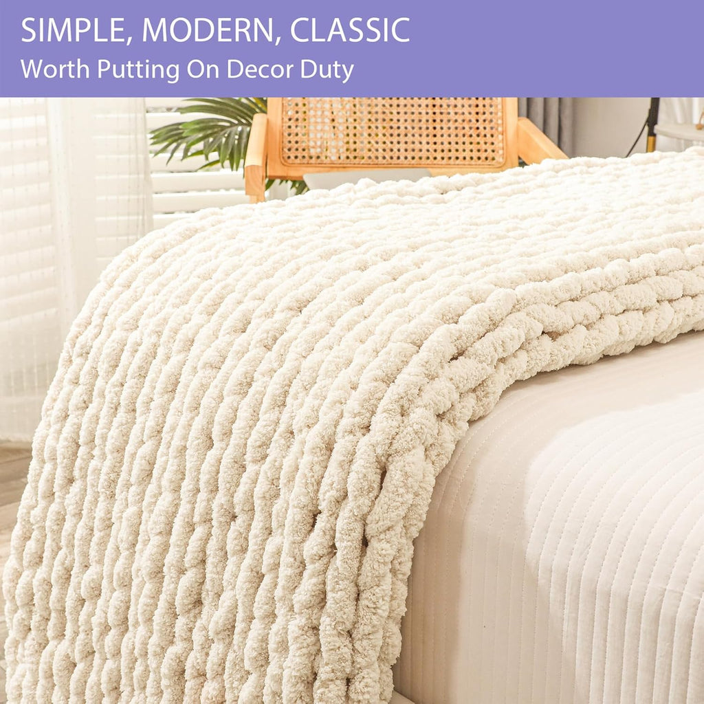 Chunky Knit Throw Blanket, 40x60 inches, 100% Hand Knitted with Thick Jumbo Chenille Yarn, Cozy Soft Large Rope Knot