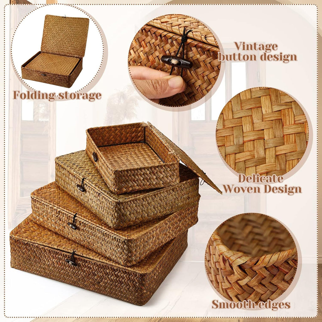 Set of 4 Seagrass Basket with Lid Wicker Storage Basket Decorative Storage Boxes with Lids Flat Storage Bins Woven