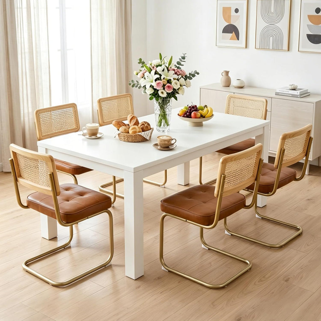 Natural Rattan Dining Chairs Set of 2, Upholstered Faux Leather Kitchen Chairs, Modern Dining Room Chairs with Solid