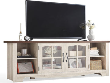 TV Stand for 75 Inch TV, Modern Farmhouse Entertainment Center with Storage Cabinets and Glass Doors, Tall Media