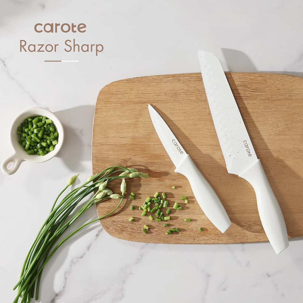15-Piece Knife Set, Wood Block with Built-In Sharpener, Cream | Stainless Steel Knives, Ceramic Nonstick Coating