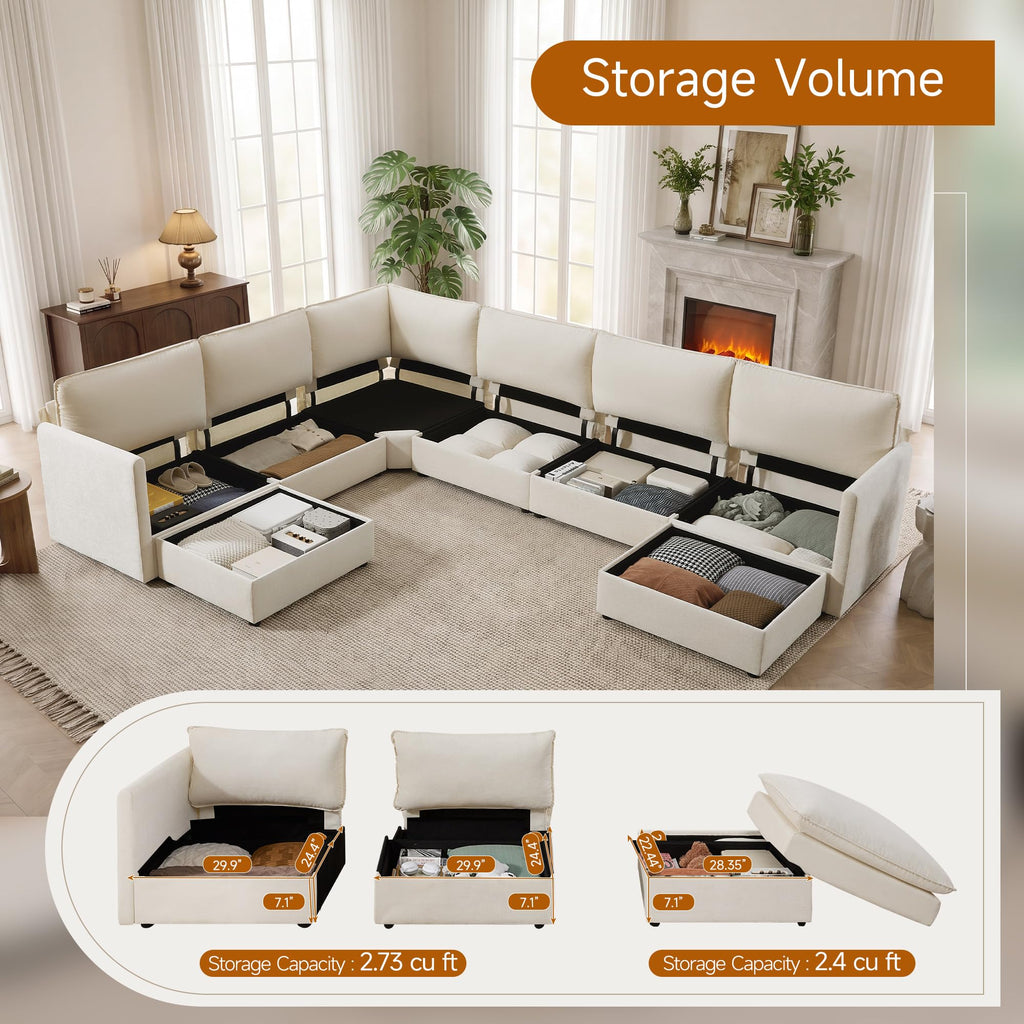 Modular Sofa with Storage, 135" V Shaped Sectional Cloud Couch, Oversized Fabric Couch with Movable Ottoman, 8 Seat
