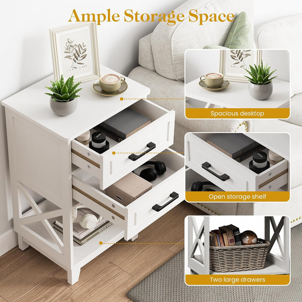 Nightstand Set of 2, 30" Tall Side Table with 2 Drawers and Open Shelf, Bedside Table with Solid Feet, Modern Night