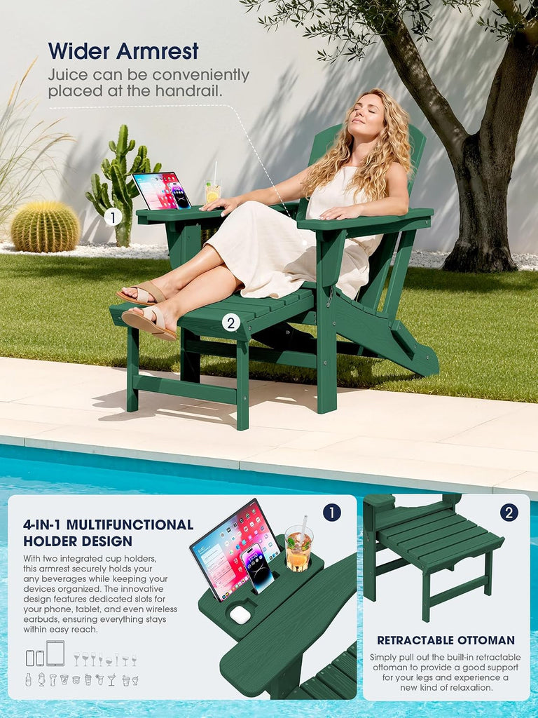 Adirondack Chair with Footrest & 4-in-1 Cup Holder, Green | HDPE Adjustable Folding Adirondack Chair with Pull-Out