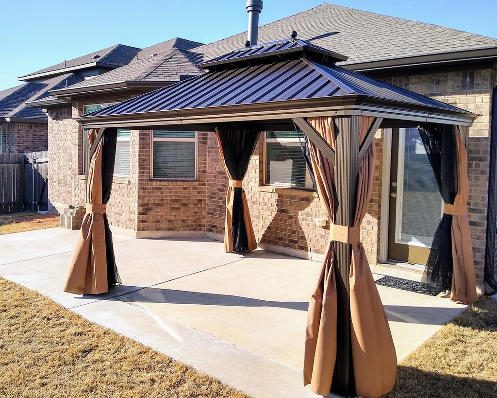 10' X 12' Hardtop Gazebo Canopy for Patio Deck Backyard Heavy Duty Outside Sunshade with Netting and Curtains Outdoor
