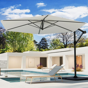 Offset Patio Umbrella, Cantilever Hanging Outdoor Umbrella w/360-degree Rotation, Handy Crank, UV/Waterproof Canopy - Wh