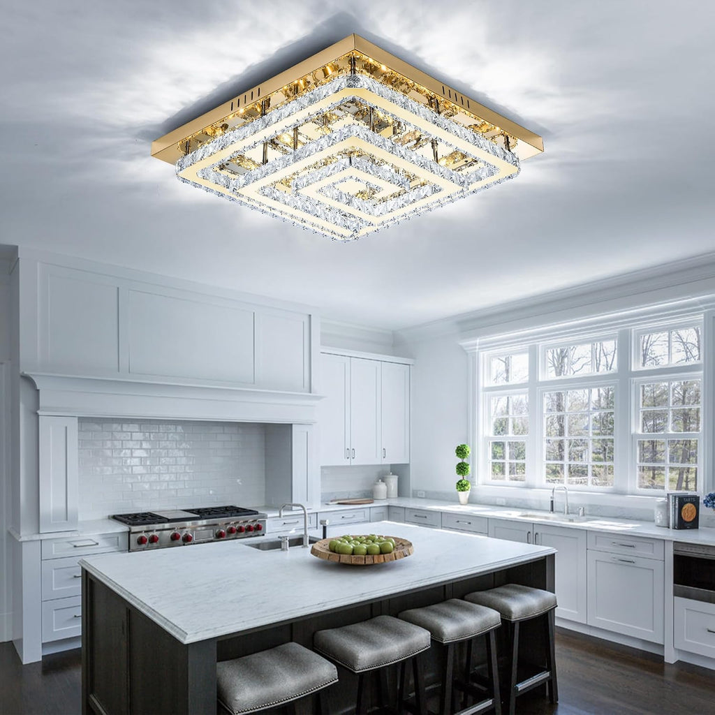 34" Modern Gold Crystal Chandelier with Remote/App Control, Dimmable Flush Mount Ceiling Light Fixture,3-Color