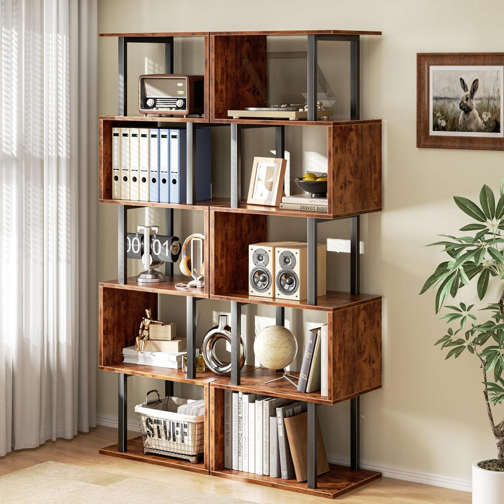 6 Tier Bookshelf, Tall S Shaped Geometric Bookcase, Modern Display Shelf Standing Unit