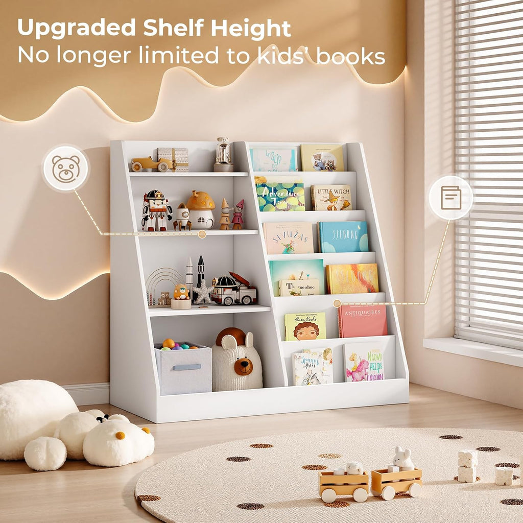 Upgraded 6 Tier Kids Wooden Bookshelf and Toy Storage, White | Children Toy Organizer with Upgraded Book Shelves