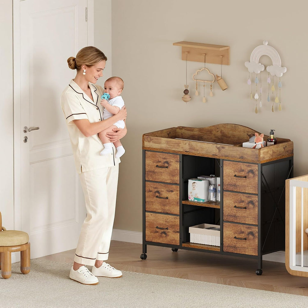 Changing Table, 6-Drawer Dresser, Adjustable Shelves, Rustic Brown | Changing Table,Waterproof Diaper pad & Safety
