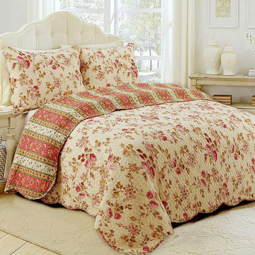 Rose Garden Vintage Floral Pink Khaki 100% Cotton Reversible Quilt Bedding Set, Coverlet Bedspread (Vintage Rose