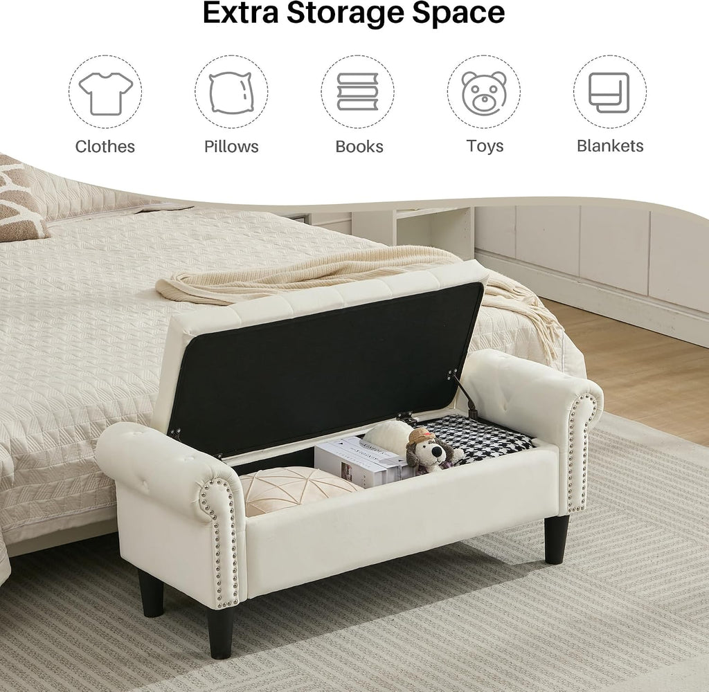 50" Storage Bench , Velvet Upholstered, Beige | End of Bedroom Bed Bench Ottoman with Tufted Cushioned Rolled Arm