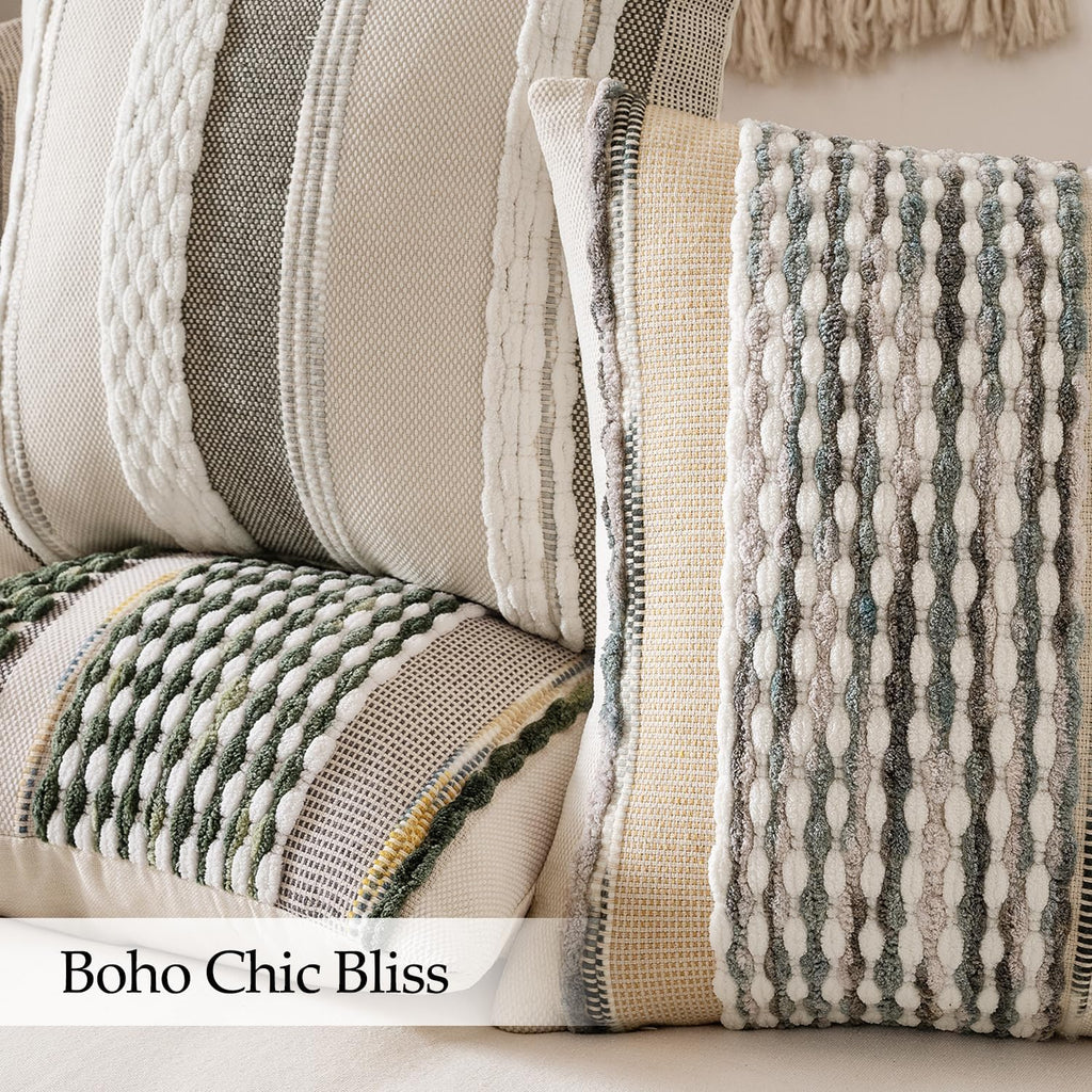 Pack of 2 Boho Decorative Throw Pillow Covers 18x18 Farmhouse Cushion Case Striped Chenille Pillow Cases Square