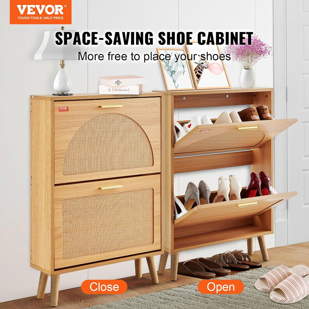 Shoe Cabinet with 2 Flip Drawers, Shoe Storage Cabinet , Free Standing Shoe Storage Organizer with Rattan Doors for