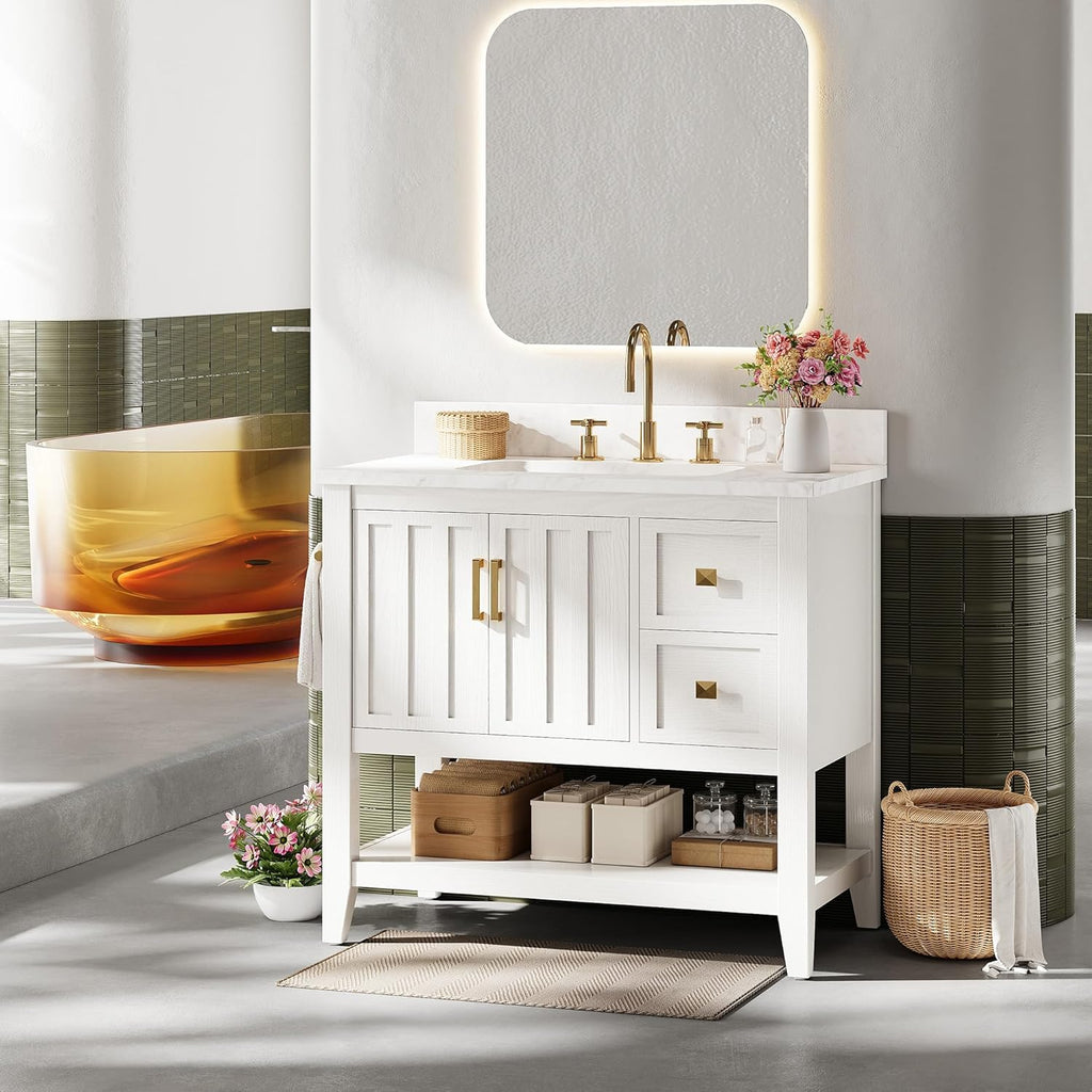 30" Bathroom Vanity with Sink, Bathroom Cabinet with 2 Drawers & Open Shelf for Guest Baths Master Suites or Rental Units, Industrial White A133-B0FJD7VNS5