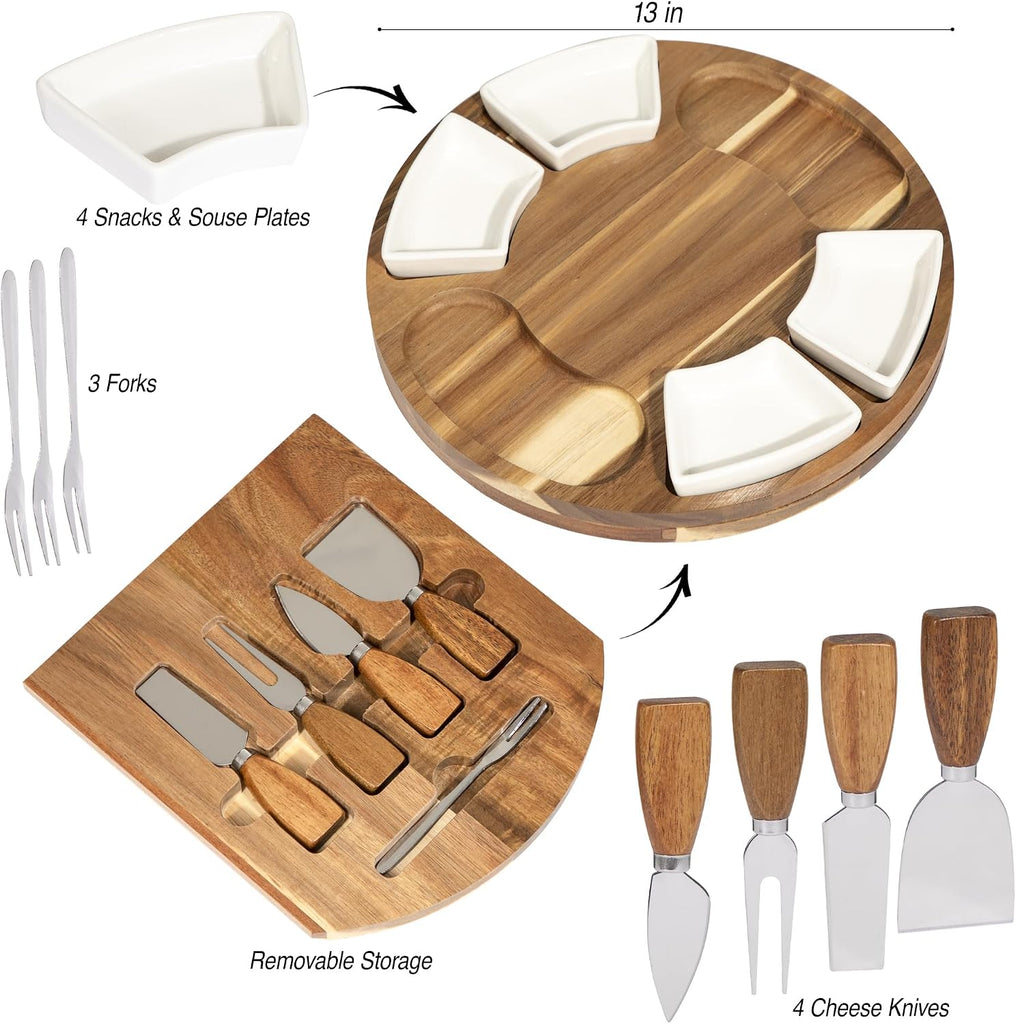 Acacia Cheese Board & Knife Set, Round Charcuterie Board with Ceramic Bowls, Hidden Slide-Out Drawer & Serving