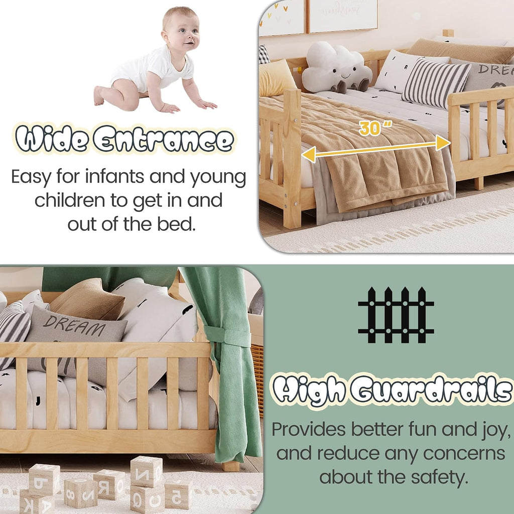 Montessori Bed Full Size with Light and Slats, Wood Teepee Floor Bed for Kids Boys Girls,House Bed Frame with Rails &