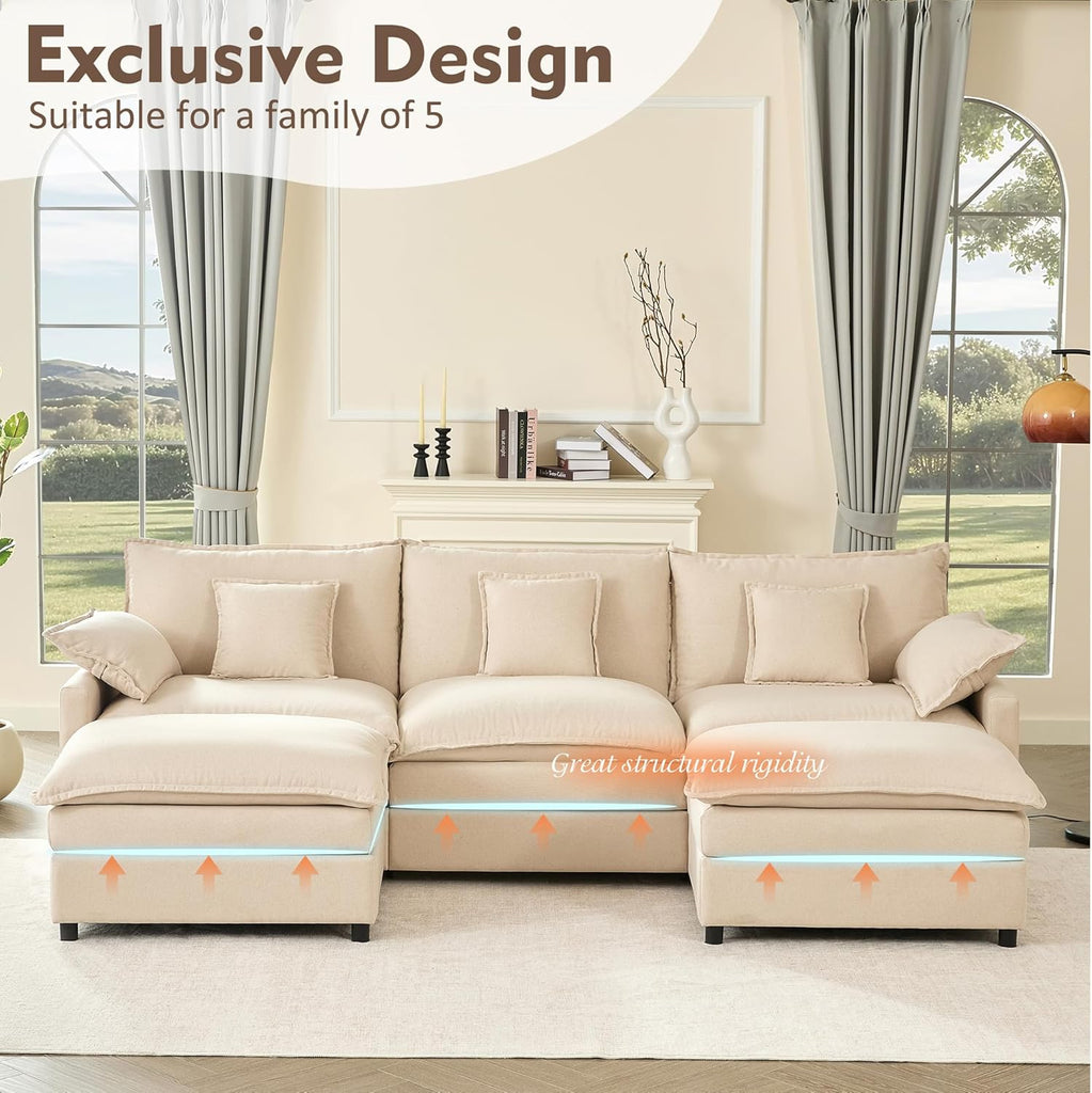 108" U-Shaped Modular Cloud Couch, Deep Seat, Linen Beige | Cloud Comfort, Couches , Removable & Machine-Washable