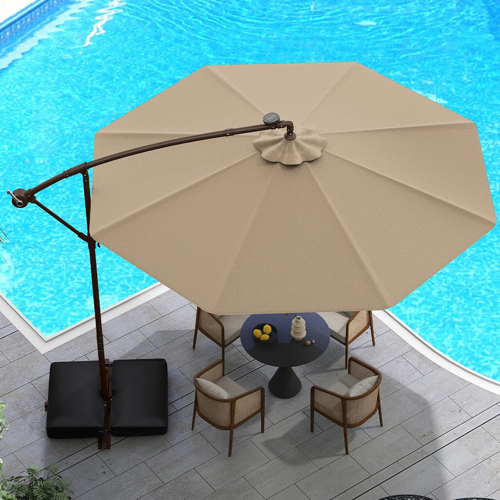 10FT Offset Patio Umbrella with Base Included, Outdoor Cantilever Umbrella with 40 Solar LED Lights, Tilt Adjustment