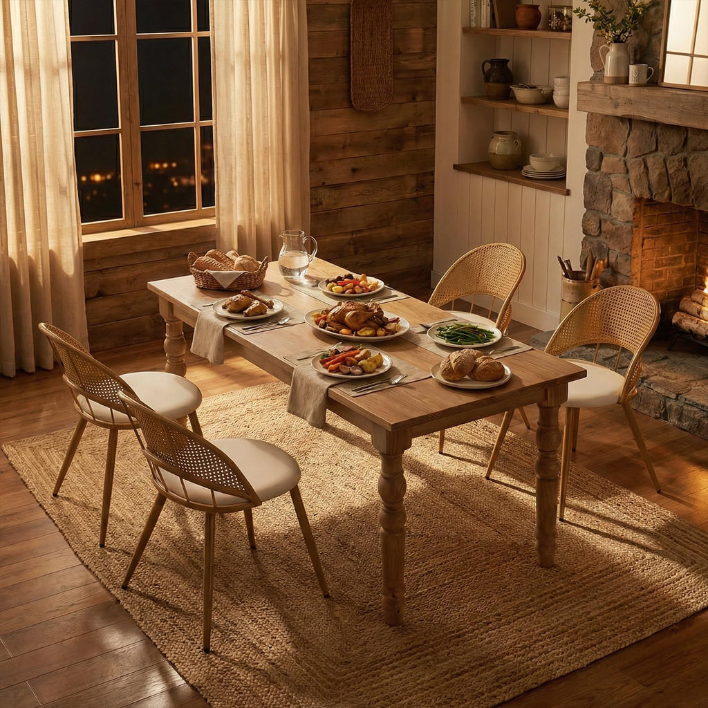 Rattan Dinner Chairs Set of 4 with Faux Leather Cushion, Modern Dining Room Chairs w/Adjustable Foot Pads, Kitchen