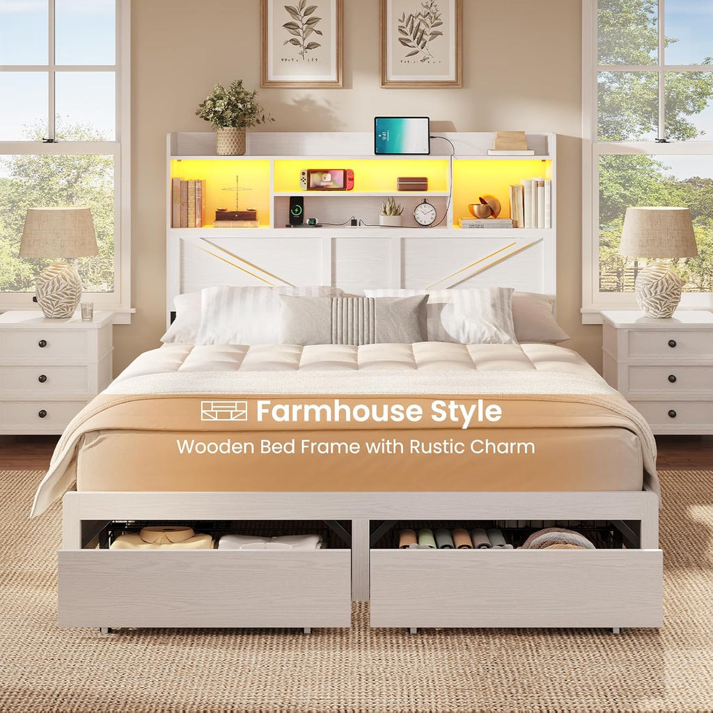 Queen Bed Frame with 6 Storage Drawers, Farmhouse Bed Frame Queen with Bookcase Headboard, LED Lights & Charging