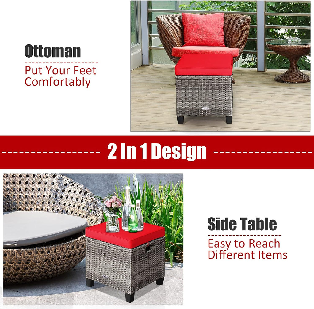 Patio Ottoman Set of 2, Outdoor Rattan Wicker Ottoman Seat with Removable Cushions, Patio Furniture Footstool