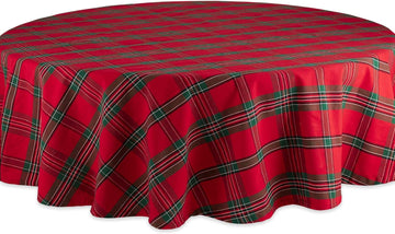 Farmhouse Christmas Plaid Dining Table & Kitchen Décor, Holiday Tablecloth, 70" Round, Red & Green