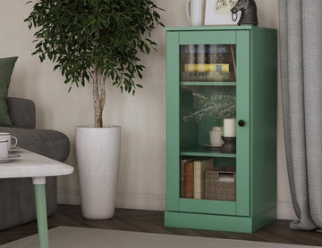 100% Solid Wood Green 3-Shelf Bookcase w/Adjustable Shelves & Glass Door, 16.5" w x 35.75" h x 15.5" d, Renewable