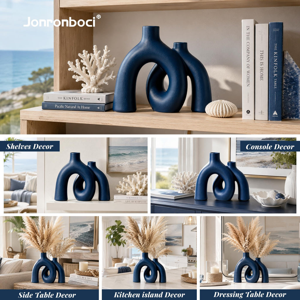 Blue Vase Set, Hug Donut Navy Ceramic Vases for Modern Coastal Decor