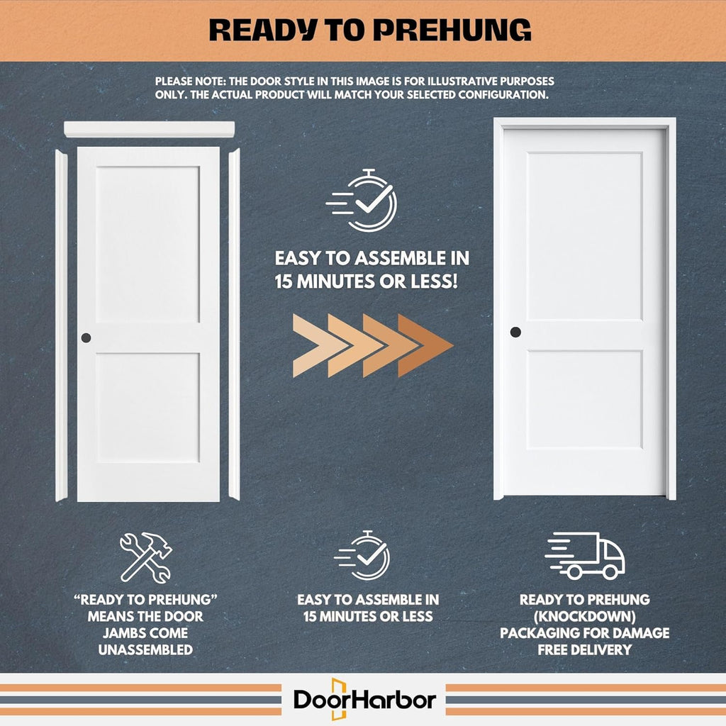 30" x 80" Prehung Interior Wood Door, 3-Panel Shaker, Left Handing, Solid Core, White Primed, with Pre-Drilled Holes, Frame (Jambs Kit), and Satin Nickel Hinges, for Closet, Pantry, and Bedroom Use