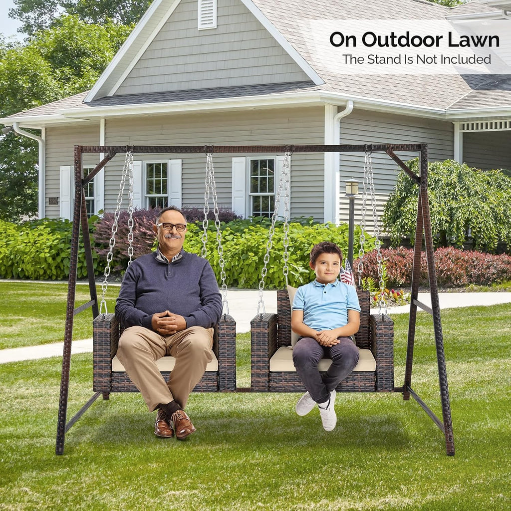 2.2FT Rattan Swing Bench, Outdoor Wicker Hanging Porch Swing (Brown) | 1 Person Patio Bench Swings, Adult Swing for
