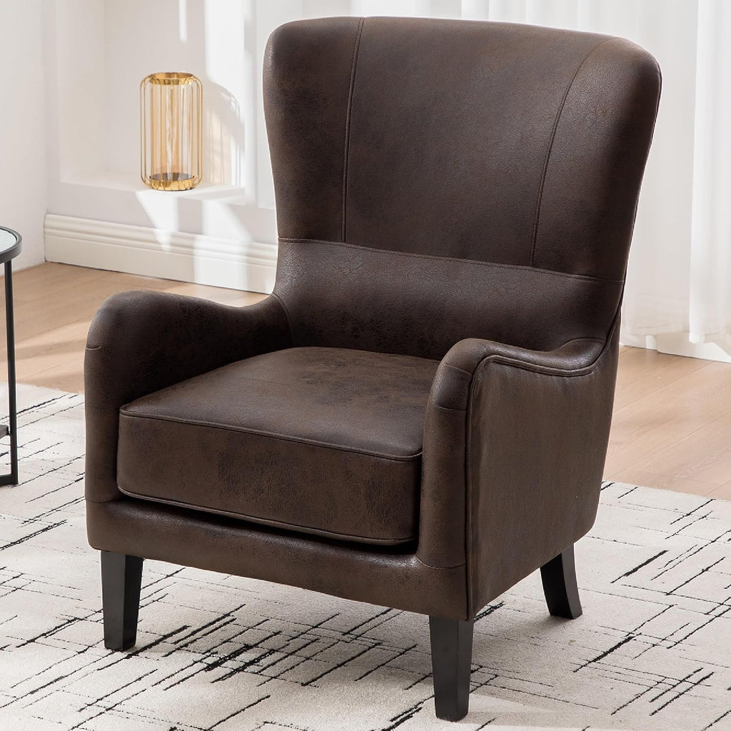 PU High Back Accent Chair Oversized, Retro Wingback Reading Armchair with Solid Wood Legs, Mid-Century Comfy Arm