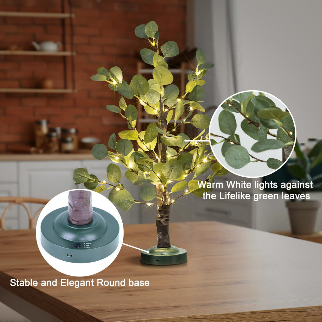 24IN Lighted Eucalyptus Tree Warm White LED Artificial Greenery with Lights for Wedding Holiday Home Party Decoration