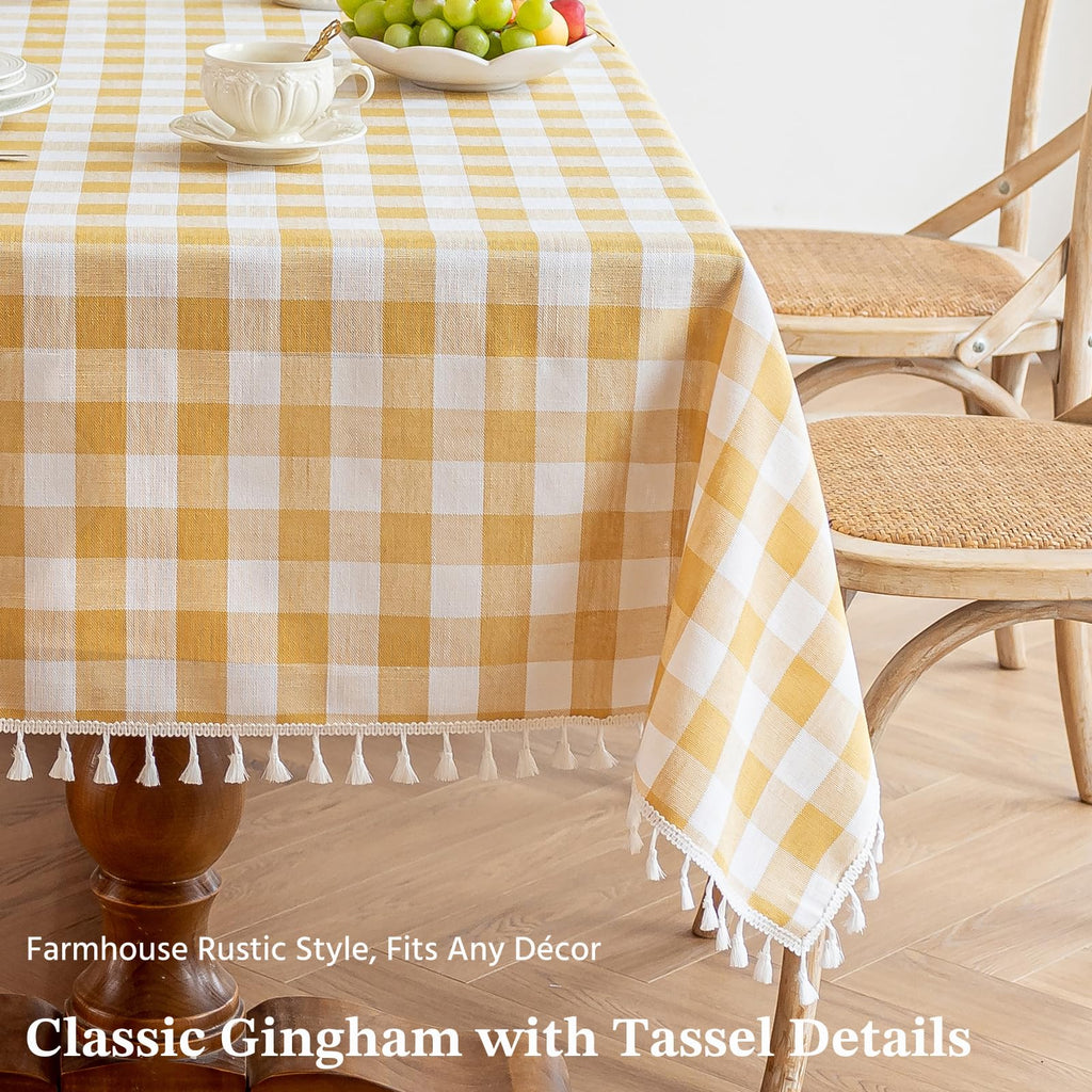 Yellow Gingham Tablecloth Rectangle, Picnic Cotton Linen Fabric Checkered Table Cloth Buffalo Plaid Table Cover with