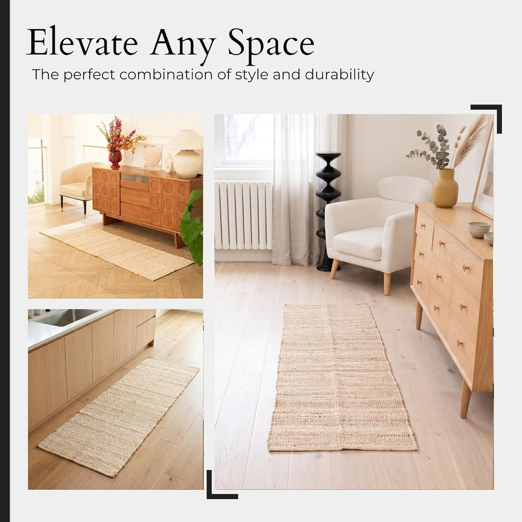 Jute-Cotton Rug 2x6 - Luxurious Natural Hallway Runner with Non-Slip Backing, Low-Profile Kitchen Ru