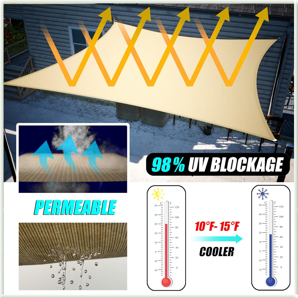 14' x 16' Beige Rectangle Square Sun Shade Sail Canopy Awning Fabric Mesh AGSLR, 95% UV Blockage, Water & Air