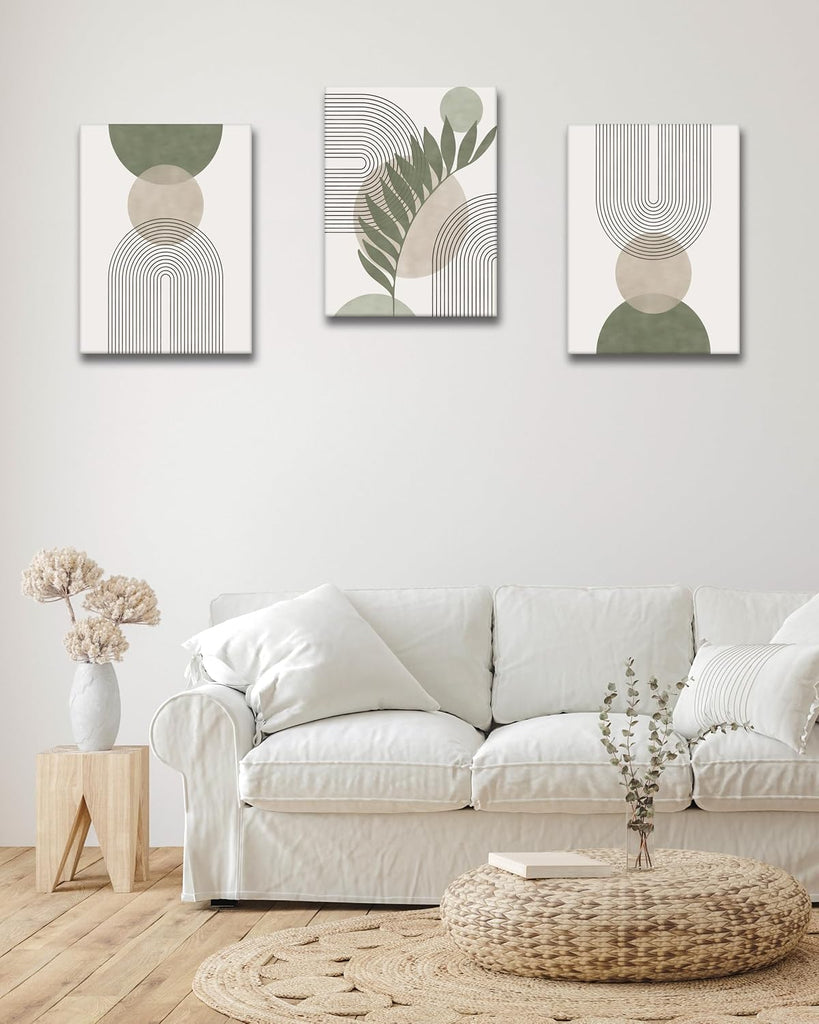 CM Sage Green Boho Wall Art, Botanical Geometric Framed Canvas Bathroom Wall Art, Mid-Century Modern Wood Frame
