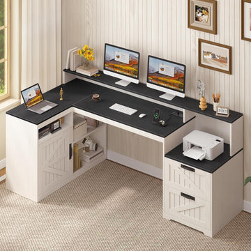 63" Farmhouse L Shaped Desk with Drawers and Printer Stand
