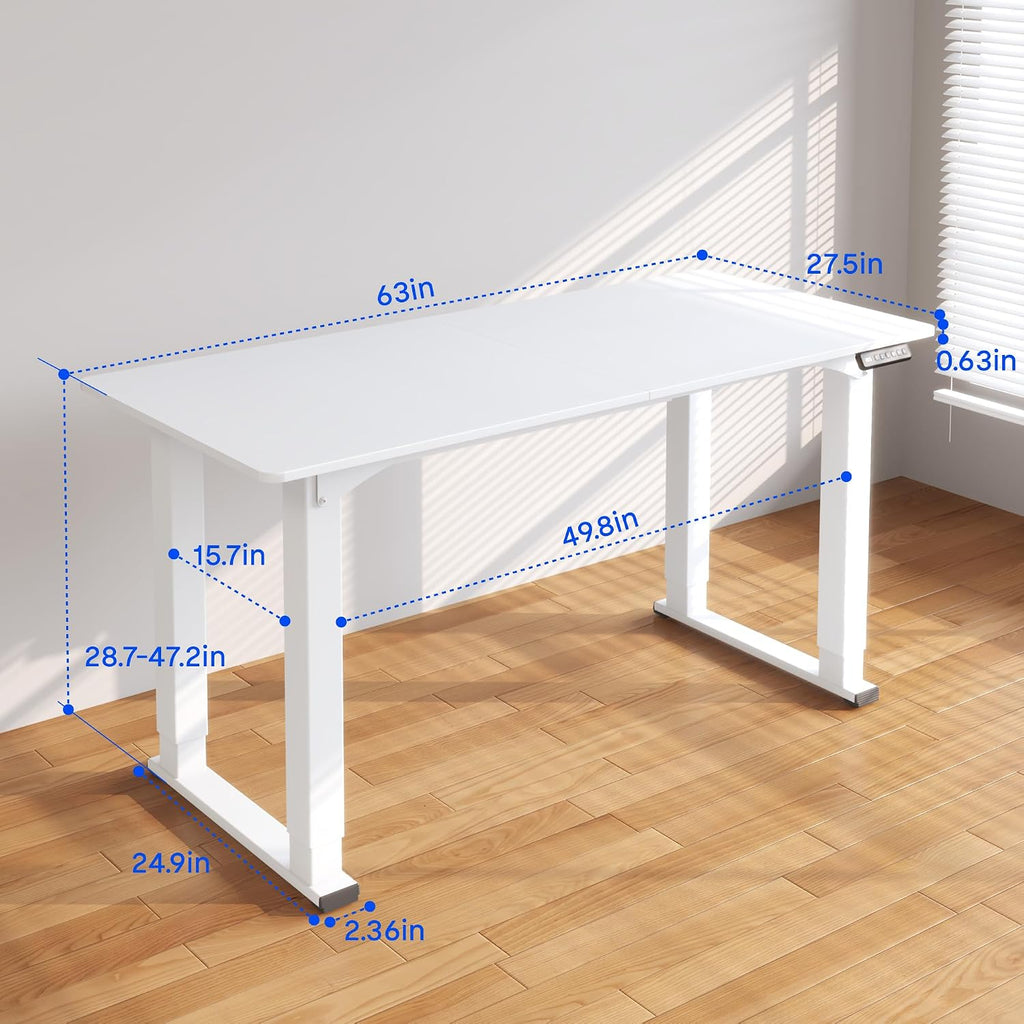 4-Leg Standing Desk, 63"x28", Electric Height Adjustable, White