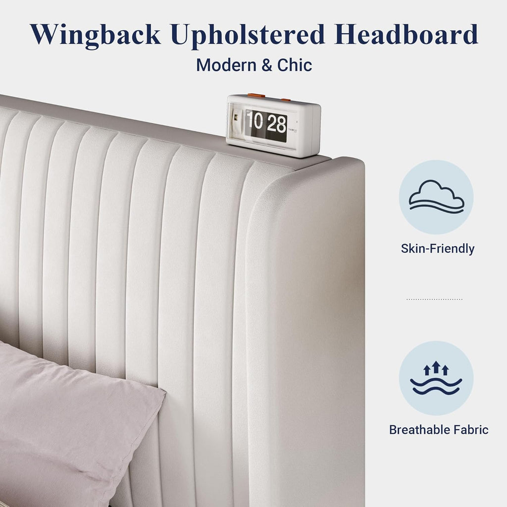 Queen Velvet Bed Frame/Vertical Channel Tufted Wingback Headboard/Upholstered Platform Bed/Strong Wooden Slats/No Box