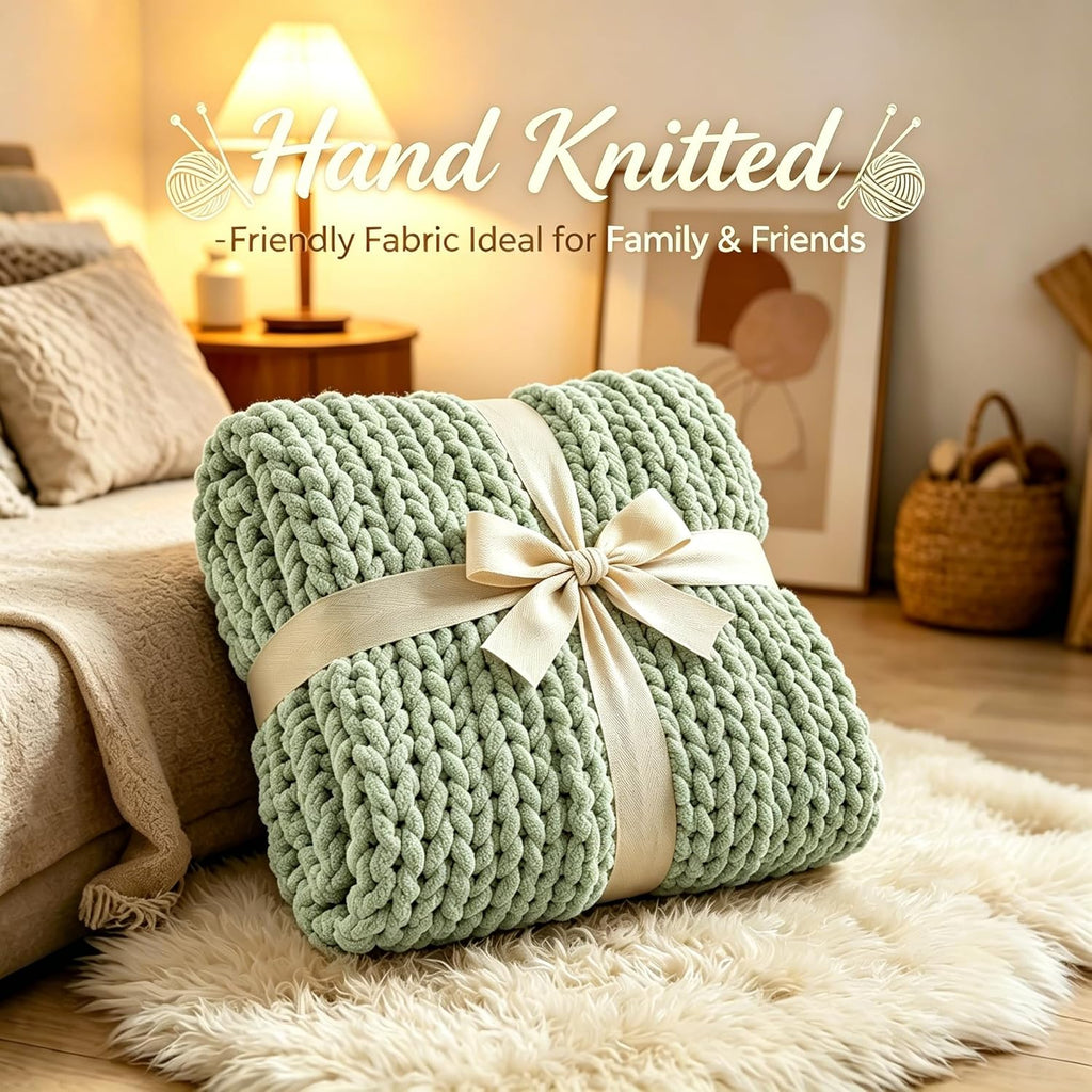 Chunky Knit Blanket Throw, 100% Hand Knit Chenille Throw Blanket, Soft and Cozy Knitted Throw Blankets (Sage