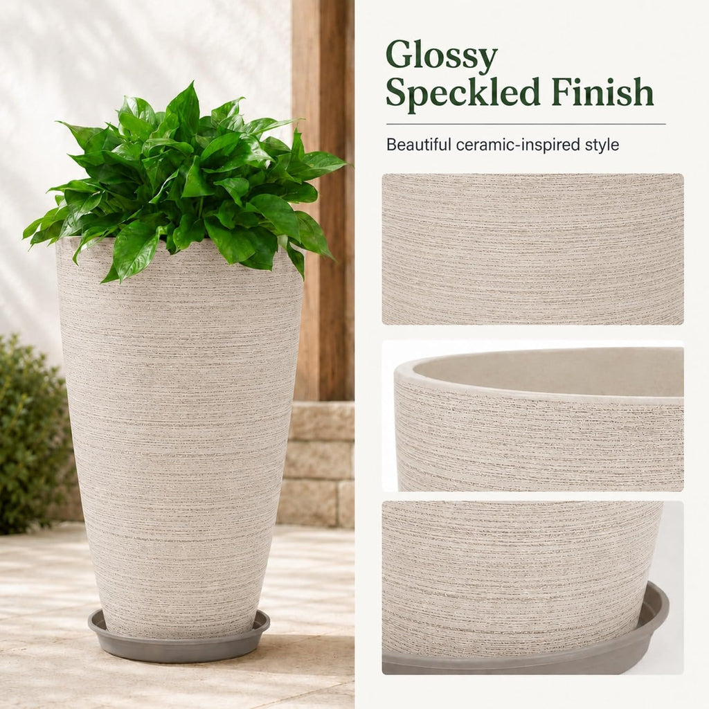 Set of 2 Tall Planter, 21 inch Large Planter, Oat Color | Ceramic-Look, Lightweight, Built-in Drain Hole, Saucers