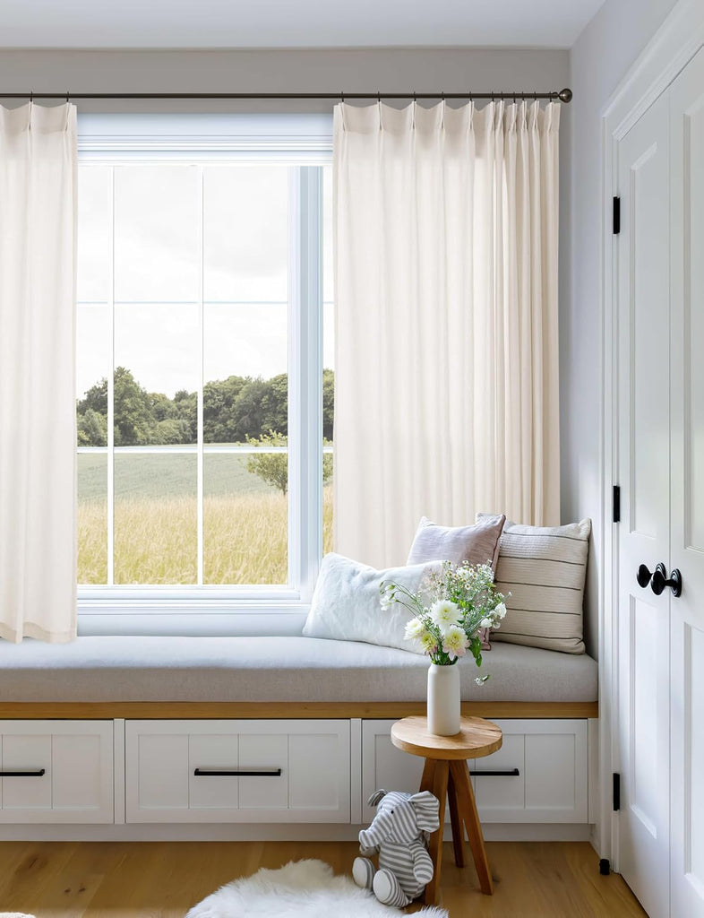 Natural Pinch Pleated Linen Curtains 72 Inches Long 72 Inch Wide | Semi Sheer Light Filtering, Shower Curtain 72x72